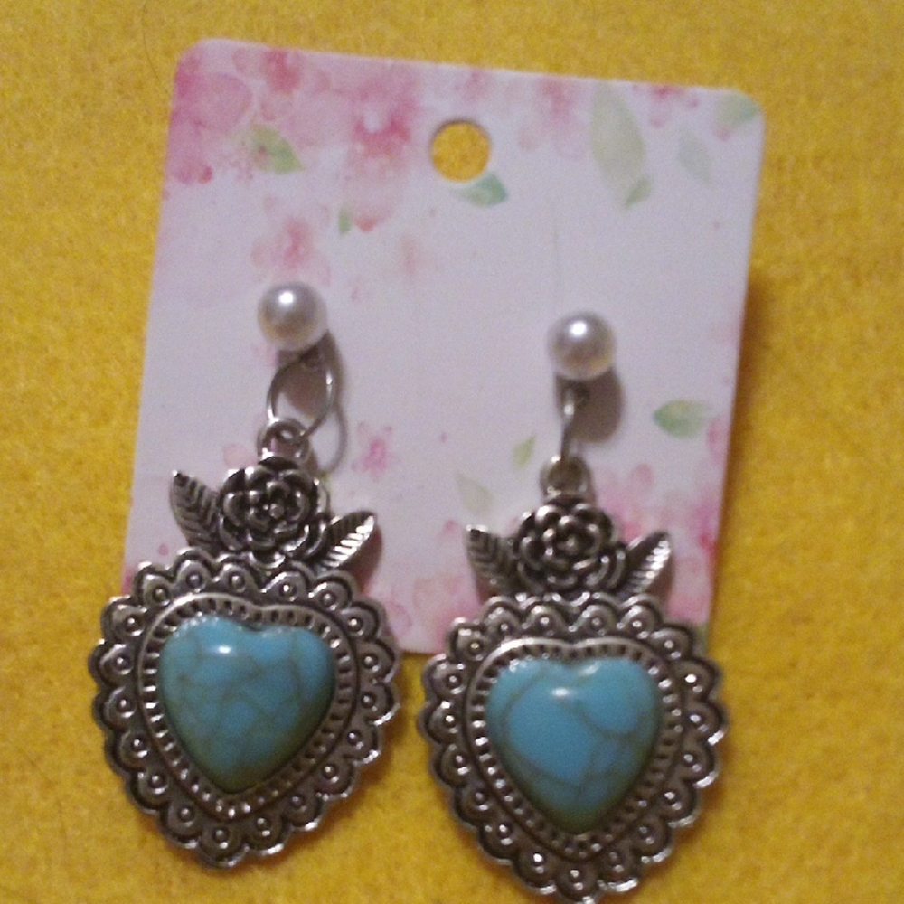 Silver Heart Earrings with Turquoise Accents
